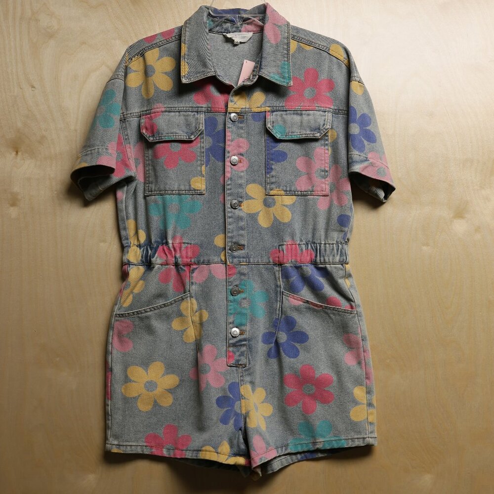 Peach Love California Denim Romper with Flowers NWT Women's Sz Medium